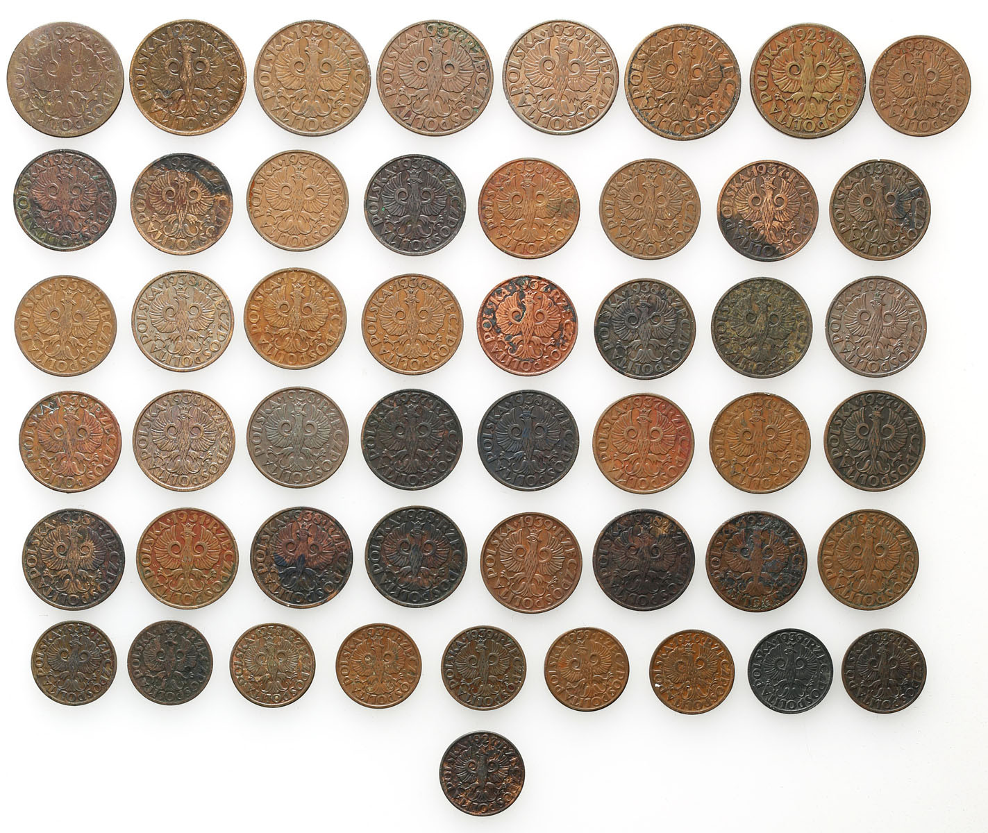 II RP, Generalna Gubernia. 1, 2, 5 groszy 1923-1939, zestaw 50 monet